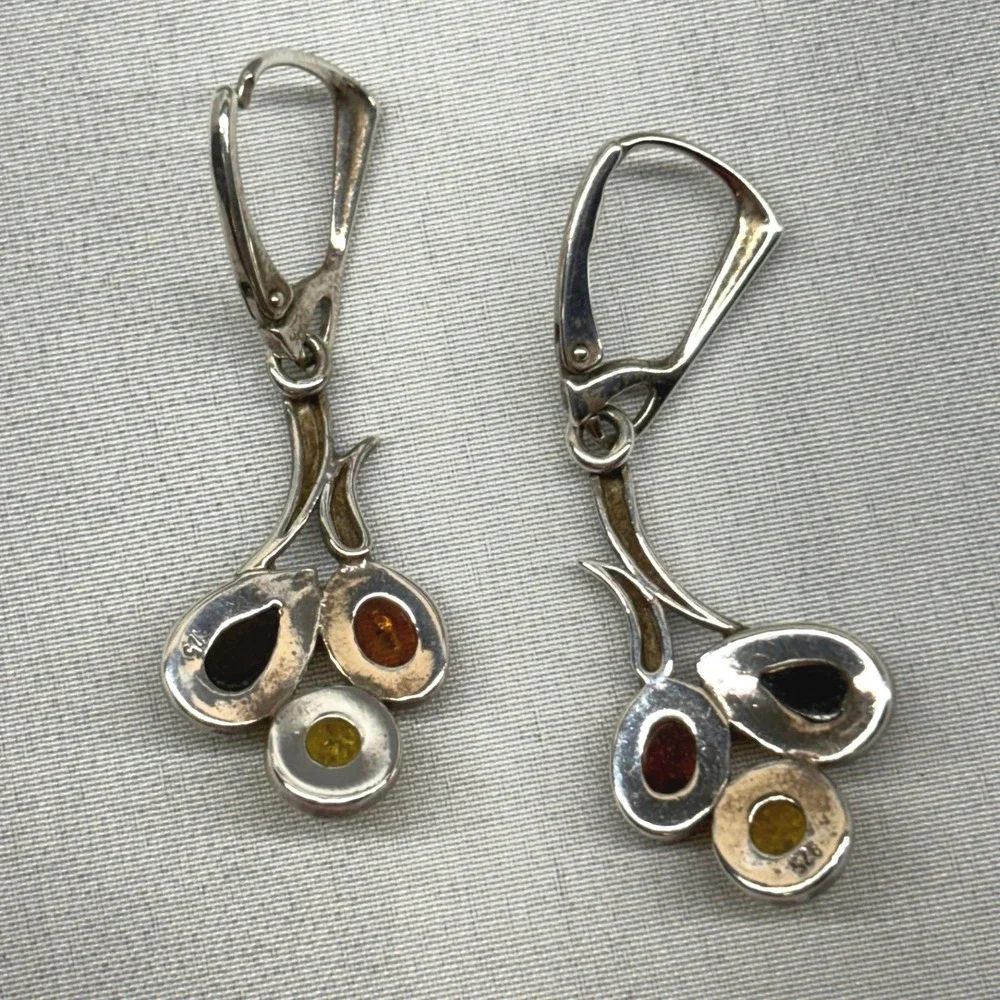 Unbranded Amber Earrings Women OS Multi Good 925 Silver Triple Stone Leverback